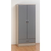 Nevada 2 Door 1 Drawer Wardrobe Grey Gloss/Light Oak Effect Veneer